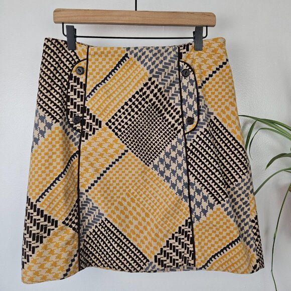 Anthropologie Maeve Velvet Houndstooth Patchwork Skirt Sz 8 Mustard‎ Brown Ivory - Picture 2 of 8